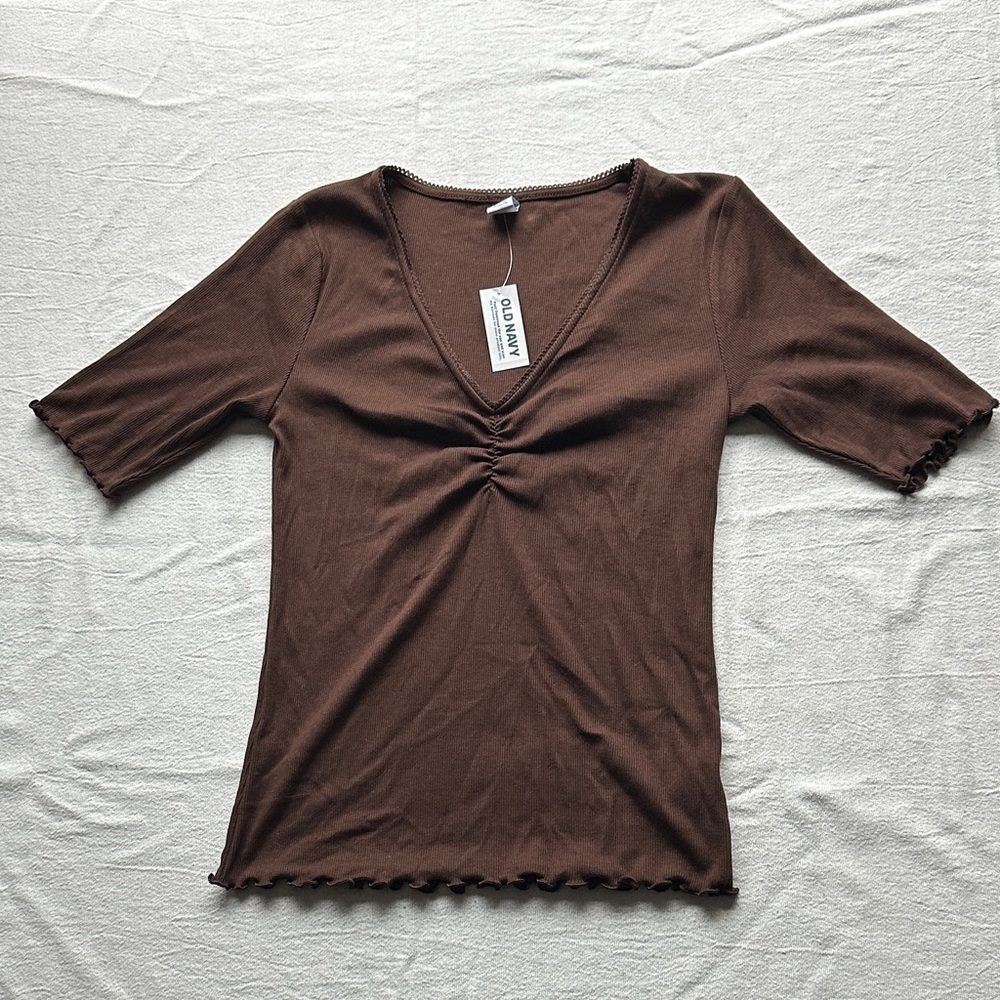 Old Navy Brown Ruched V-Neck Short Sleeve Top